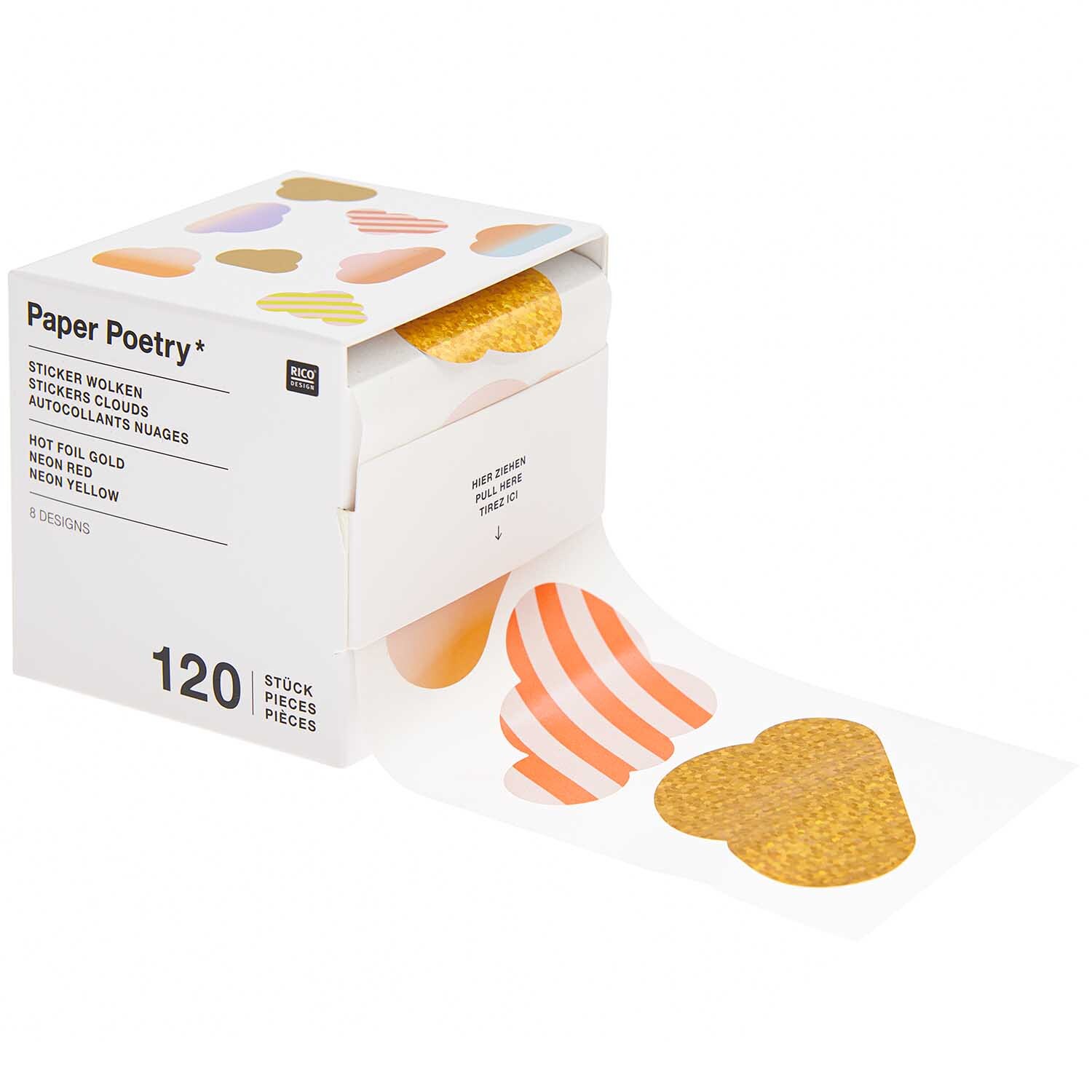 Paper Poetry Sticker Wolken, 120 Stück auf Rolle, in Herzform mit bunten Mustern, ideal für kreative Projekte.