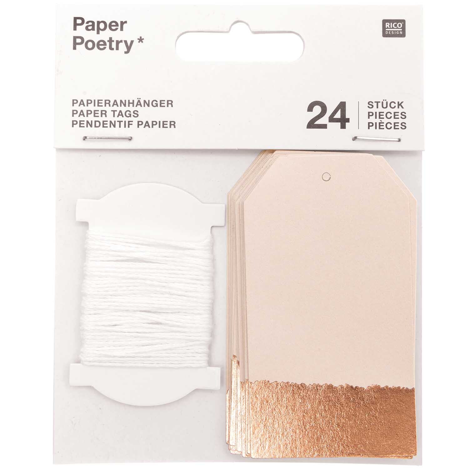 Paper Poetry Papieranhänger 4,5x8cm 24 Stück Farbe Weiß-Roségold von Rico Design Paper Poetry Papieranhänger in Weiß-Roségold, 24 Stück, ideal für kreative Bastelprojekte. Enthält auch eine Rolle weißer Schnur.
