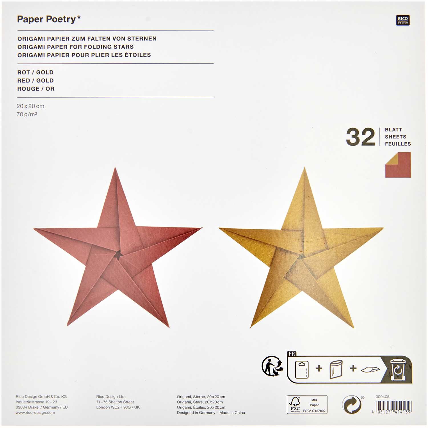 Paper Poetry Bascetta Origamipapier zeigt zwei gefaltete Sterne in Rot und Gold auf weißem Hintergrund.