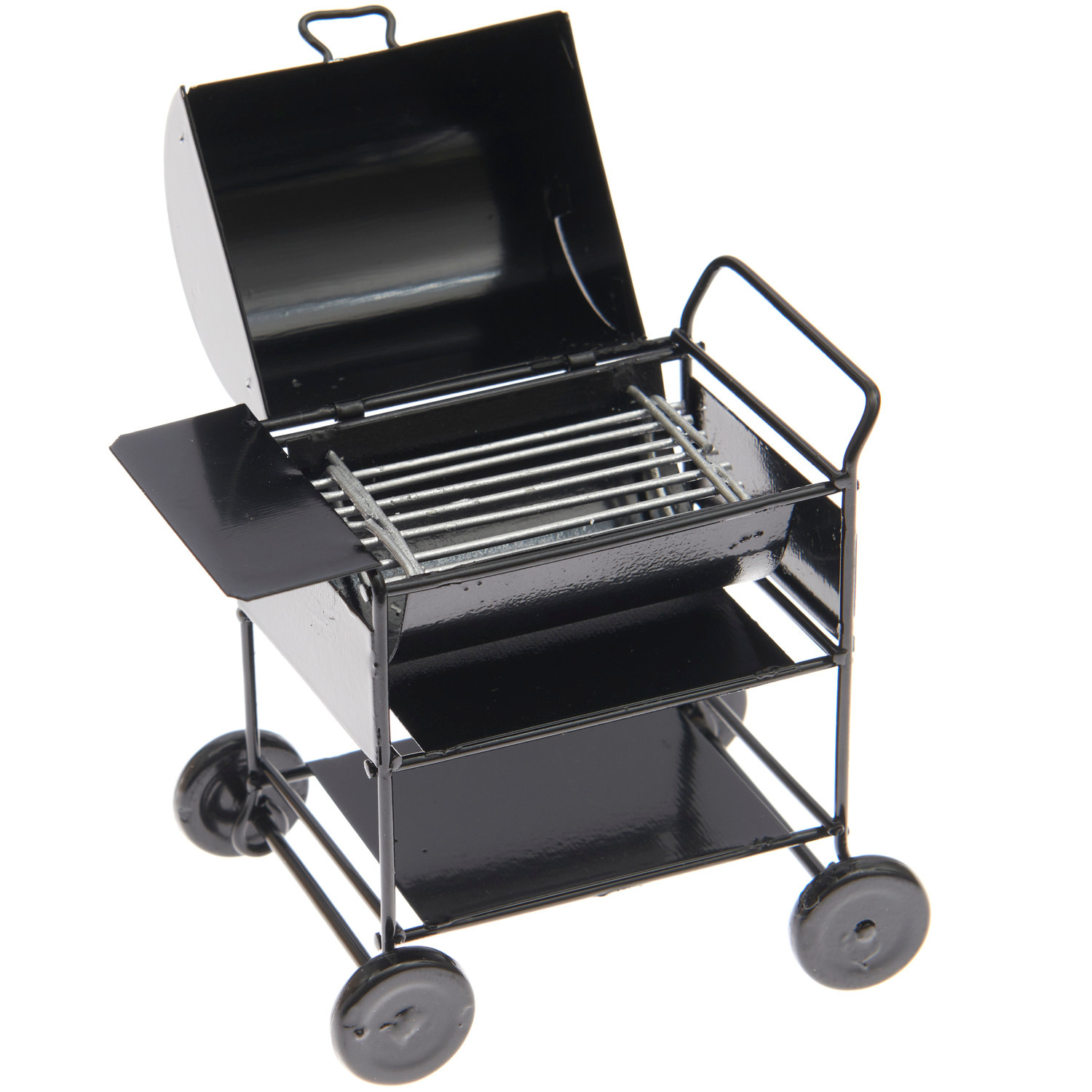 Miniatur Grill eckig von Rico Design, schwarz, mit offenem Deckel und Grillrost, auf Rädern. Ideal für Modellbauprojekte. Maße: 8x8,5x5,5cm.