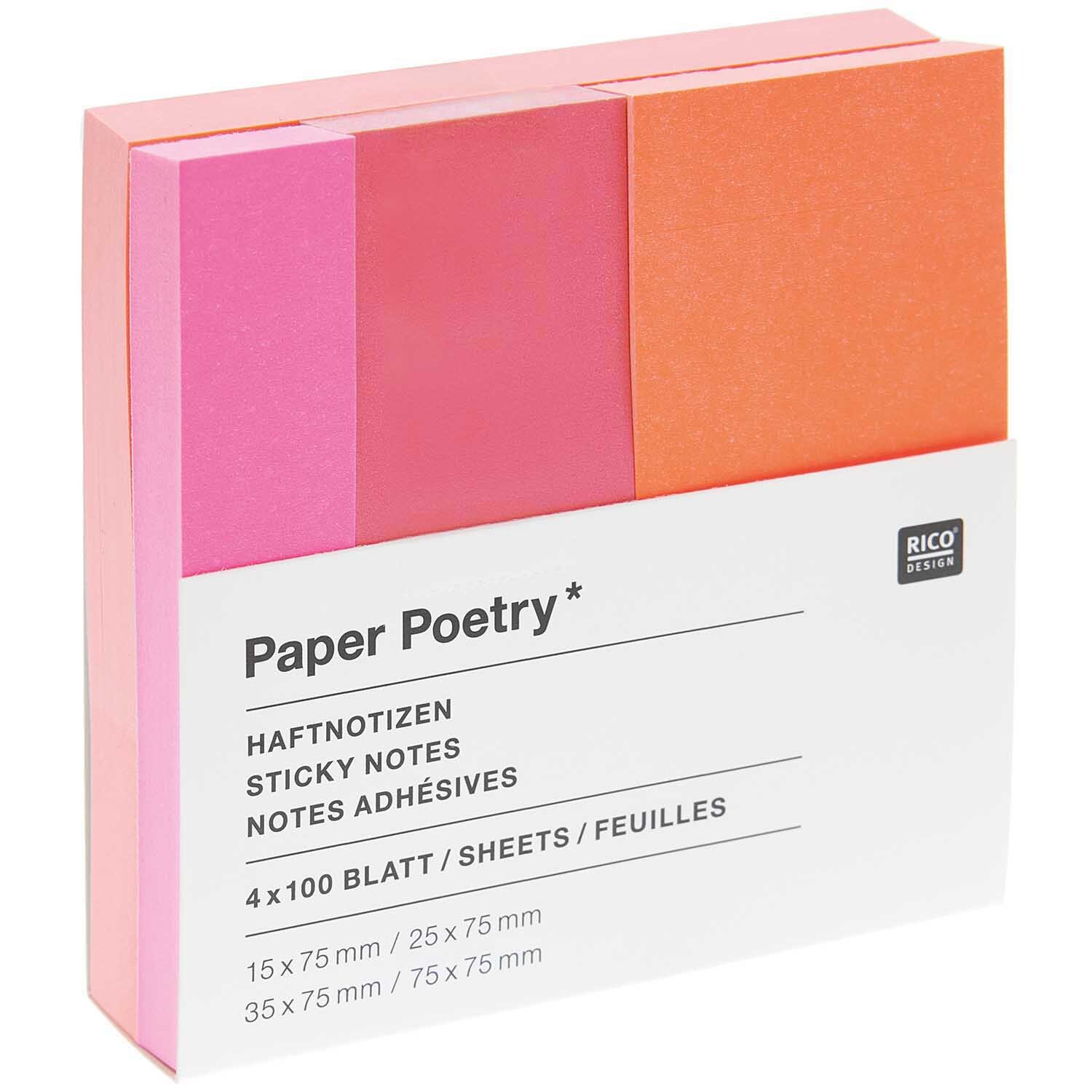 Paper Poetry Haftnotizen in Neonfarben, 4x100 Blatt, von Rico Design. Zeigt pinke und orangefarbene Notizzettel in einer Verpackung.