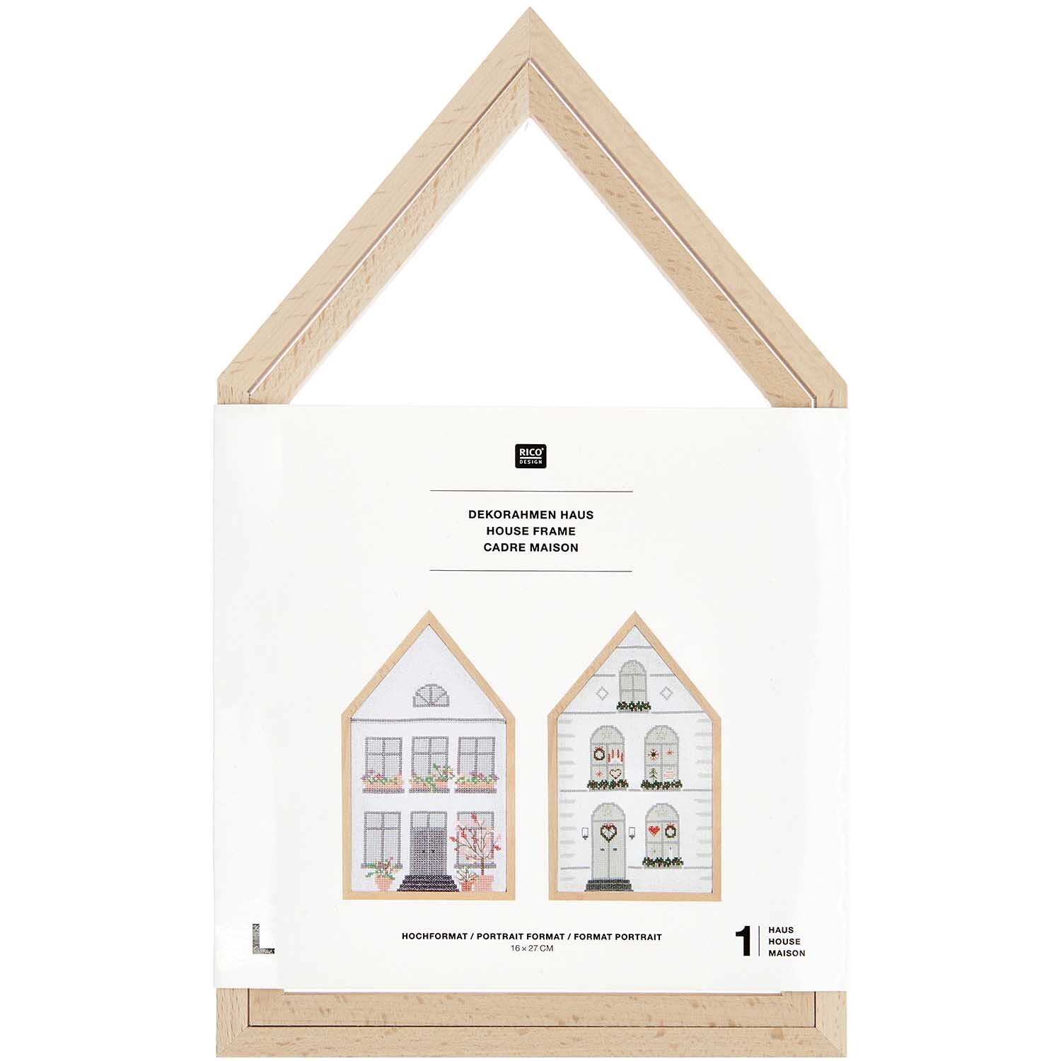 Cadre décoratif Maison format portrait Taille 16x27cm from Rico Design Dekorahmen Haus Hochformat von Rico Design, zeigt zwei stilisierte Häuser in einem Holzrahmen.