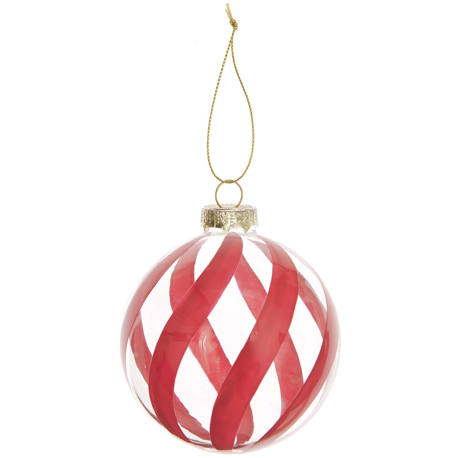 Glaskugel Baumschmuck rot-weiß Ø 8cm von Rico Design mit elegantem Muster und goldener Aufhängung. Ideal für festliche Dekorationen.
