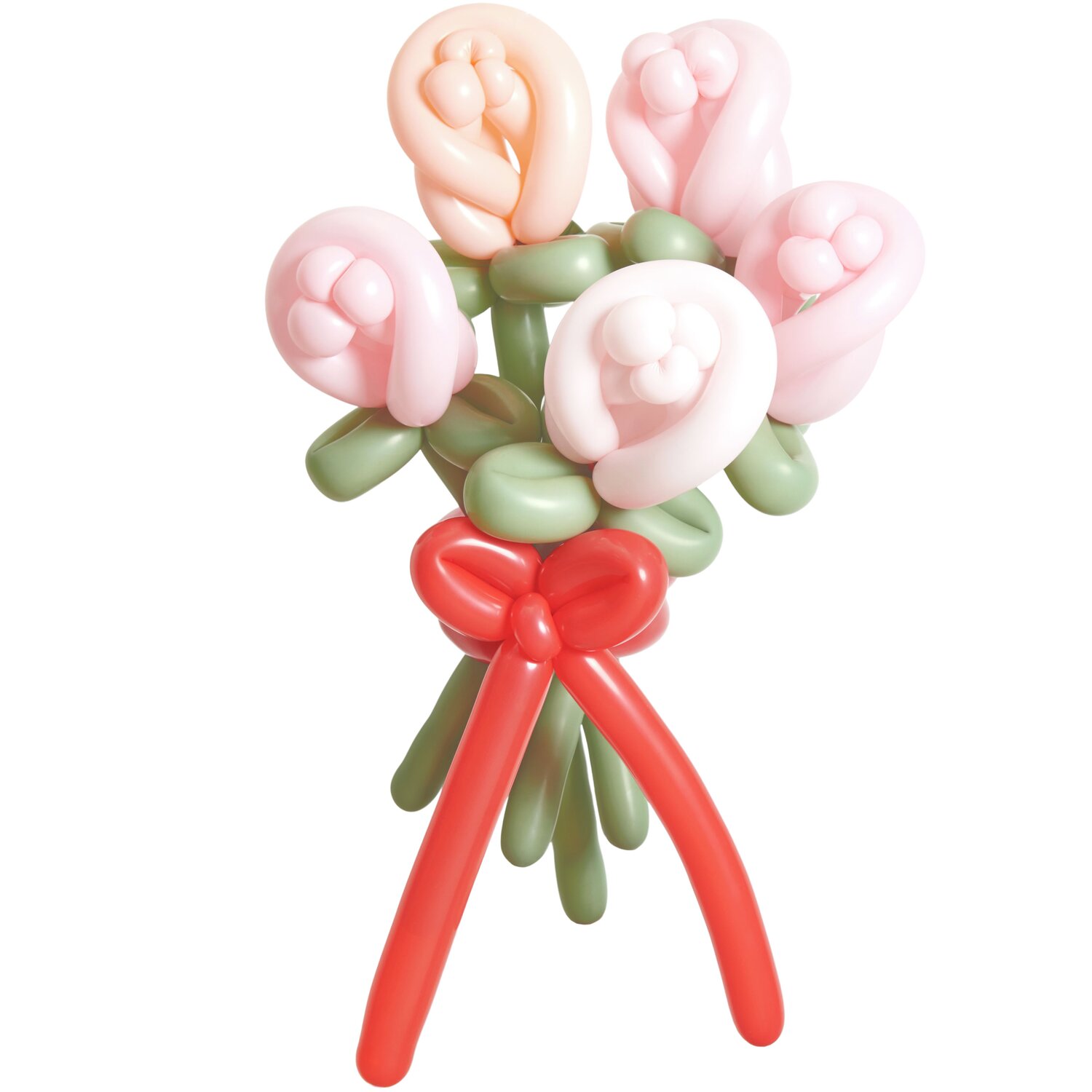 Ballonstrauß Rosen Rosa Mix: Ein kunstvoller Strauß aus rosa und grünen Ballons, gebunden mit einer roten Schleife. Ideal für festliche Anlässe.