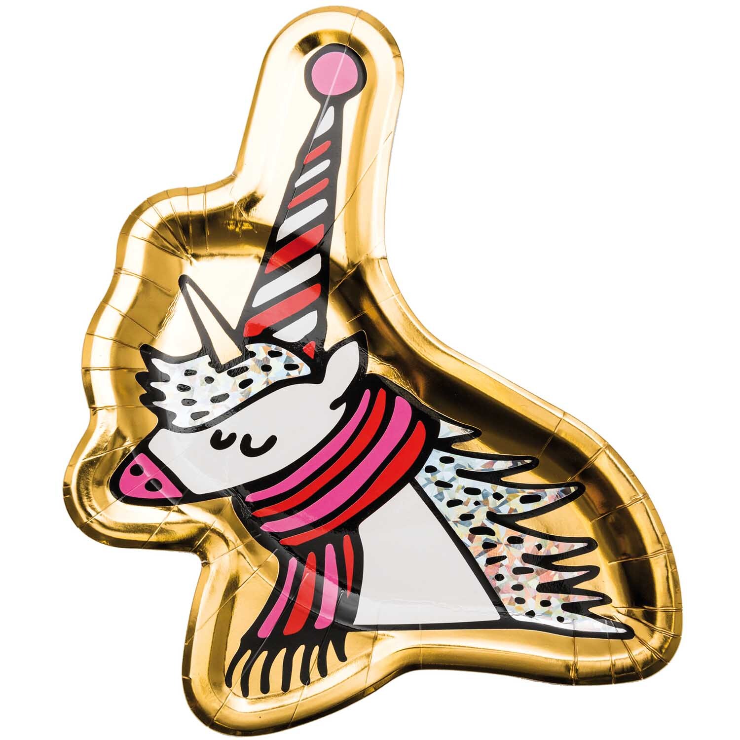 Plätzchenteller Einhorn 24x27cm 6 Stück: Goldener Teller mit schlafendem Einhorn in Schal und Partyhut, von Rico Design.