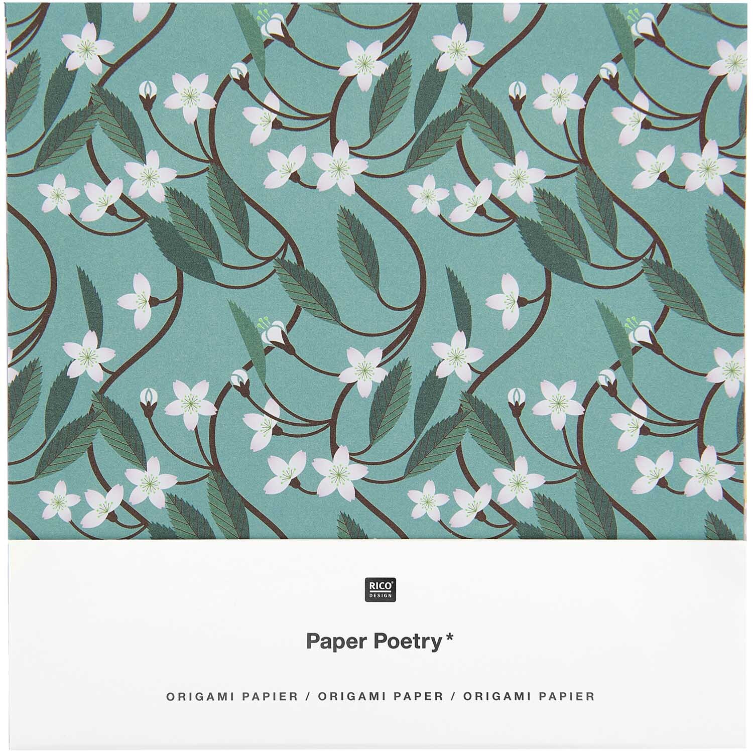 Paper Poetry Origami: Florales Design auf türkisfarbenem Hintergrund, ideal für kreative Projekte.