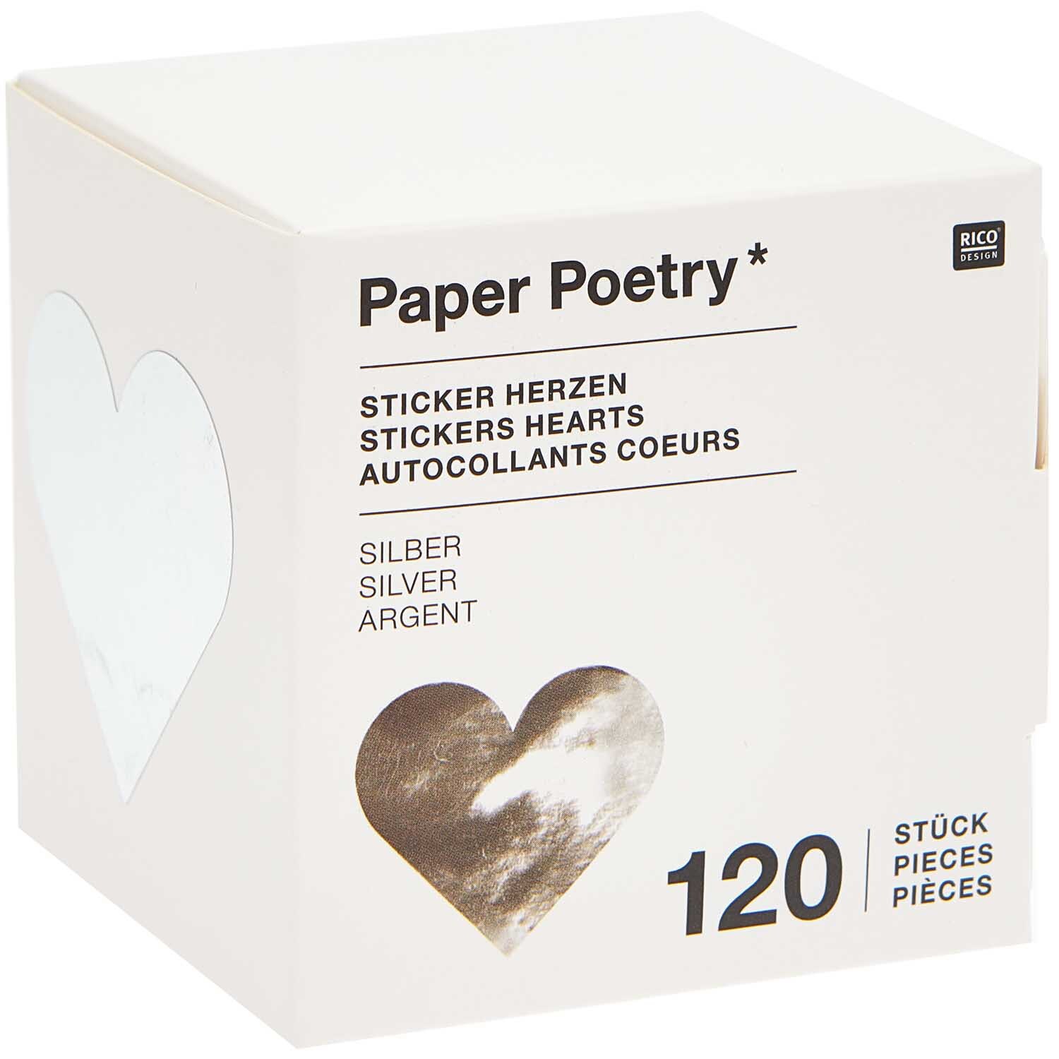Paper Poetry Sticker Herzen 5cm 120 Stück auf der Rolle Hot Foil Farbe Silber von Rico Design Paper Poetry Sticker Herzen 5cm, 120 Stück auf Rolle. Silberne Herzsticker von Rico Design in eleganter Verpackung.