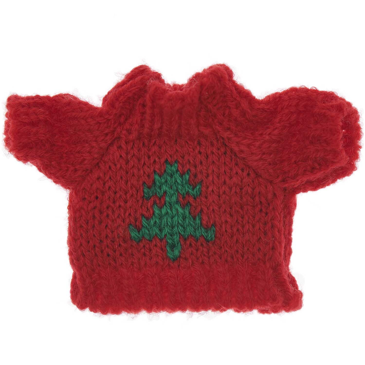 Miniatur Strickpullover Tanne rot-grün von Rico Design, zeigt roten Pullover mit grünem Tannenbaum.