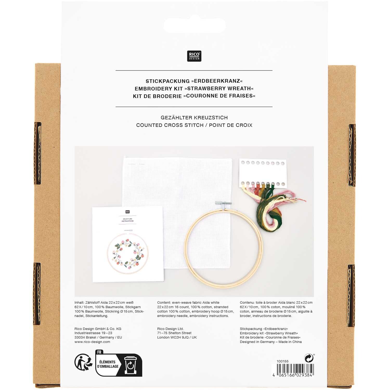 Stickpackung Erdbeerkranz Bild von Rico Design zeigt ein Stickset mit Garn und Stickrahmen. Ideal für kreative Handarbeiten.