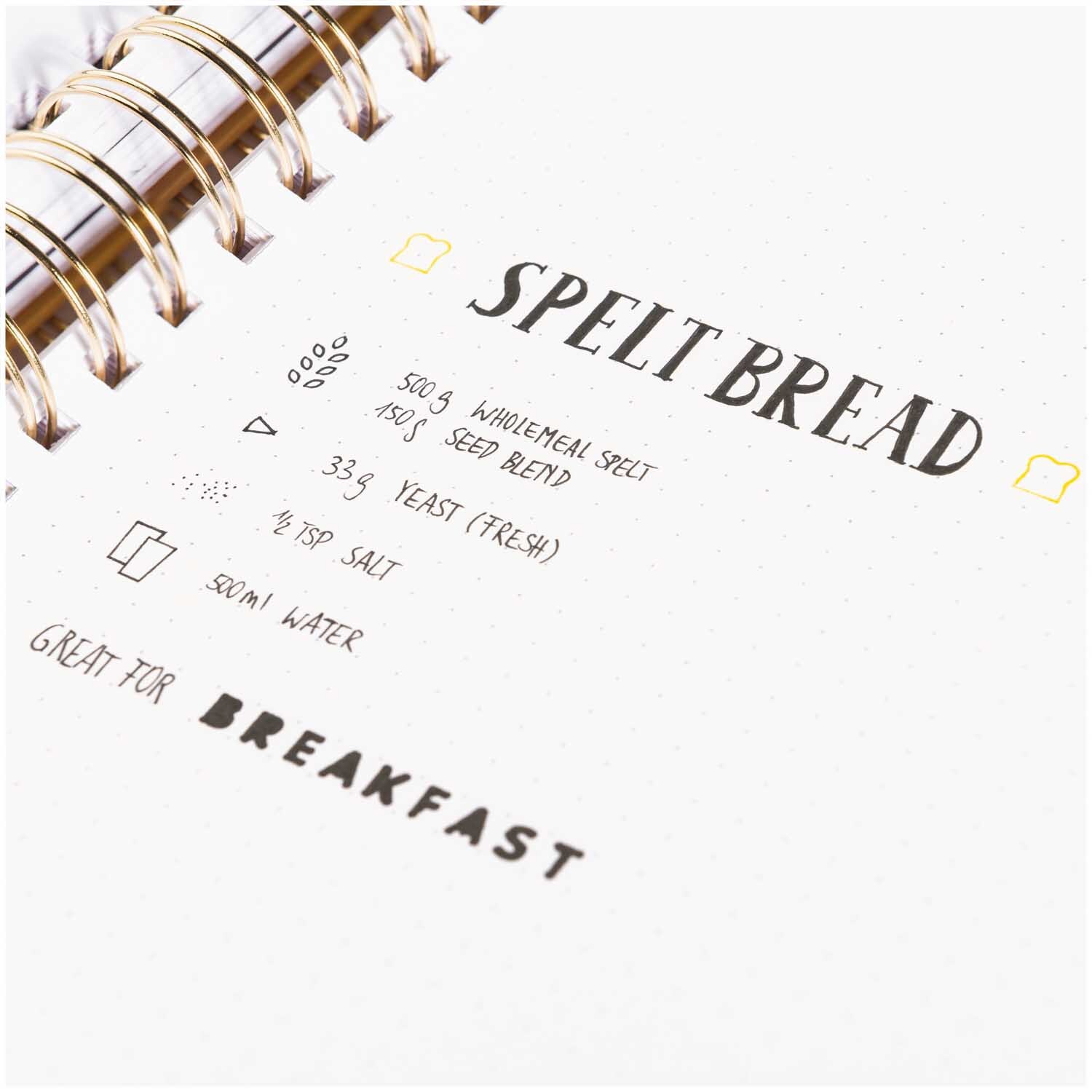 Paper Poetry Bullet Diary Schablone Food 7x12cm von Rico Design Paper Poetry Bullet Diary Schablone Food 7x12cm zeigt Rezept für Dinkelbrot mit Zutatenliste. Ideal für Frühstücksplanung im Notizbuch.