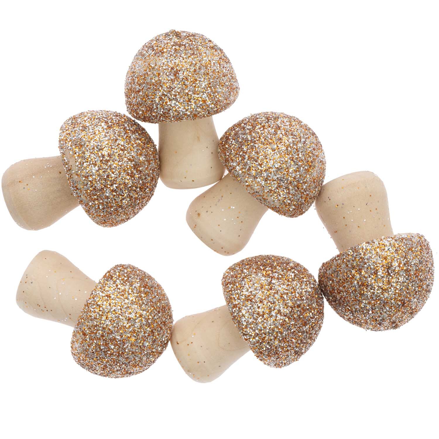 3D-Holzstreu Pilz mit Glitter zeigt sechs goldene Pilze von Rico Design, ideal für kreative Dekorationen.