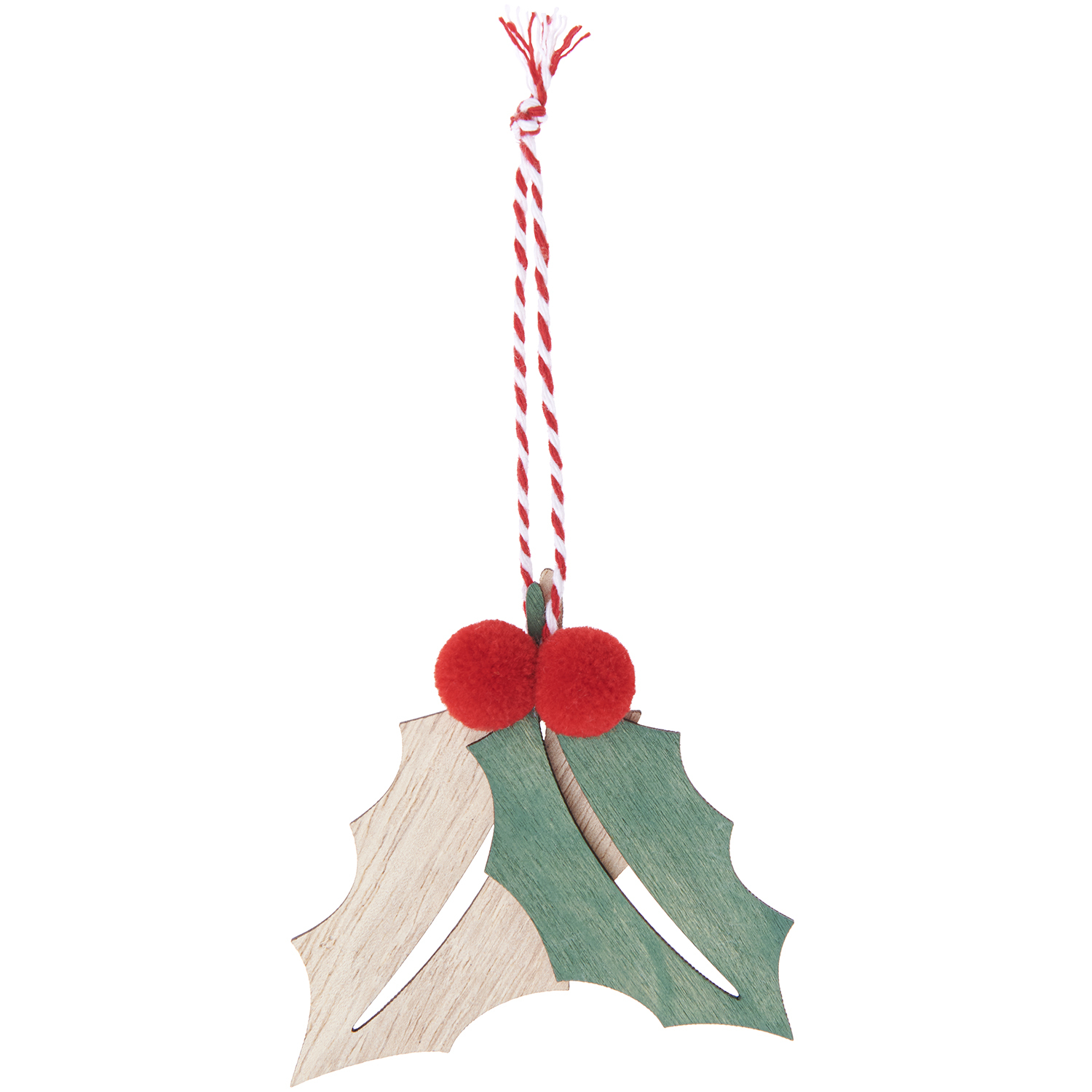 Holzhänger Ilex mit Pompon zeigt grüne und naturfarbene Blätter, verziert mit roten Pompons, von Rico Design.