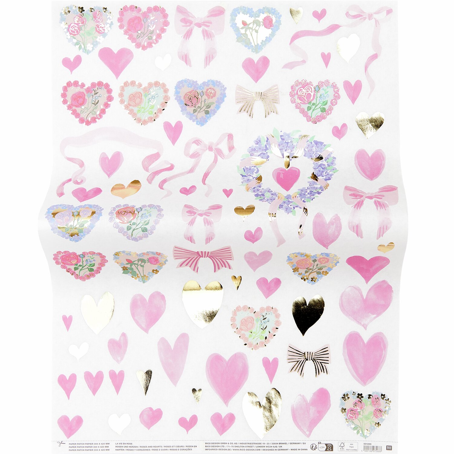 Paper Patch Papier Painted Love: Bogen mit rosa und goldenen Herzen, Schleifen und Blumenmotiven, 30x42 cm. Ideal für kreative Bastelprojekte.