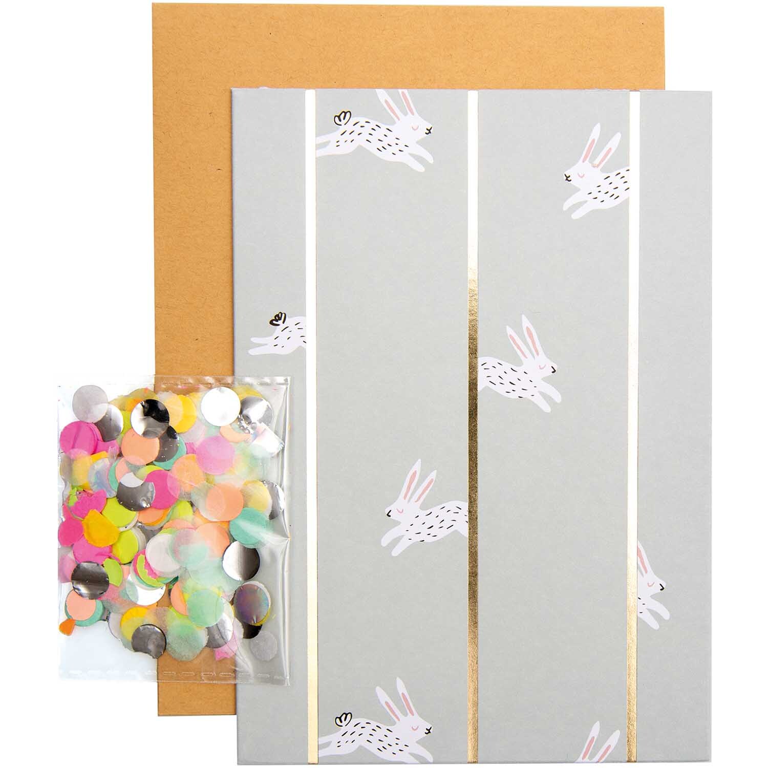 Paper Poetry Grußkartenset Bunny Hop mint mit springenden Hasen und buntem Konfetti von Rico Design. Ideal für kreative Grüße.