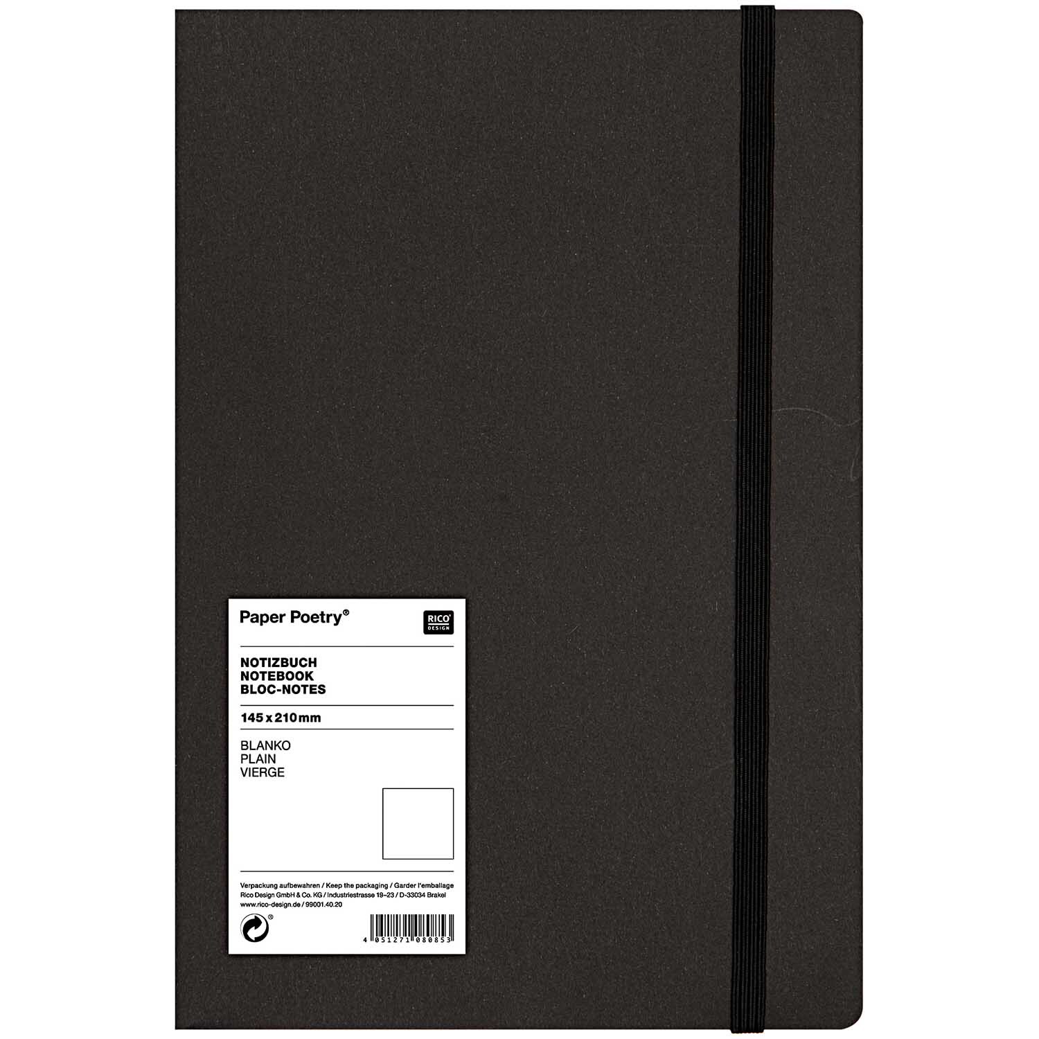 Paper Poetry Notizbuch in A5 mit schwarzem Einband und elastischem Verschlussband. Ideal für Notizen.