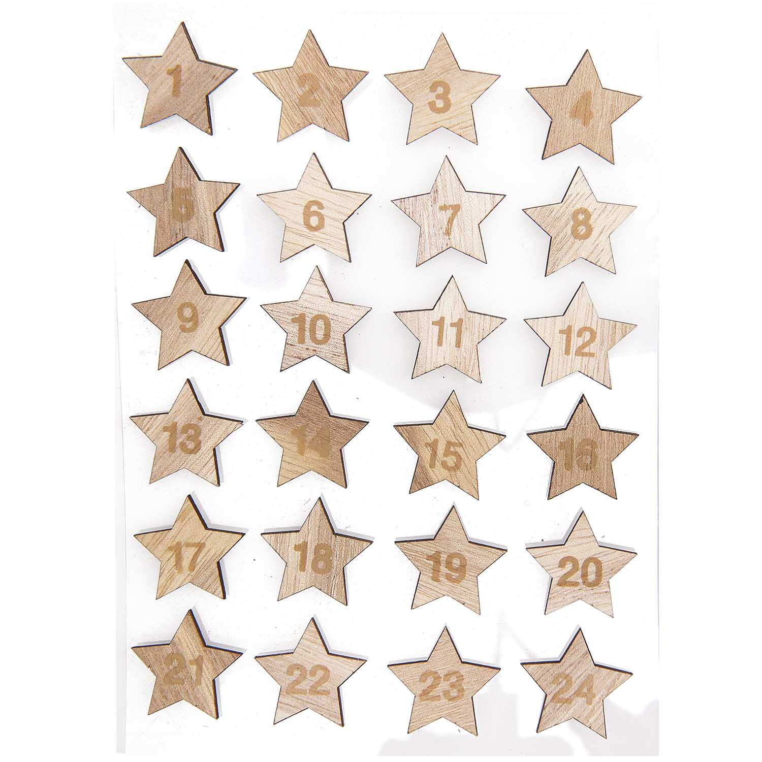 Holzsticker Adventskalender Sterne 1-24 aus Naturholz, nummerierte Sterne von 1 bis 24, ideal für kreative Adventsdekorationen.