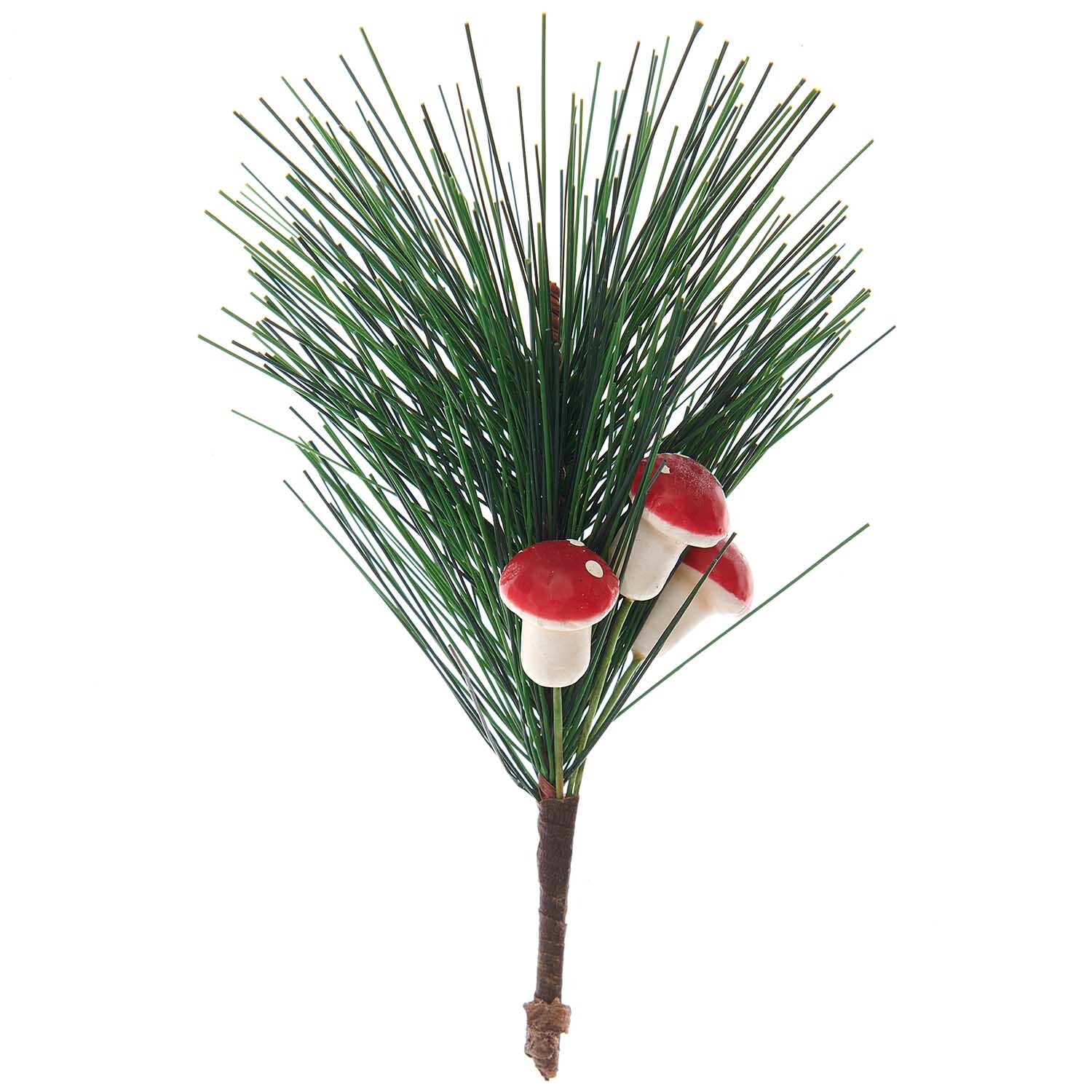 Deko-Kiefernzweig mit Pilzen 13x6cm von Rico Design zeigt grüne Nadeln und rote Pilze auf einem Zweig.