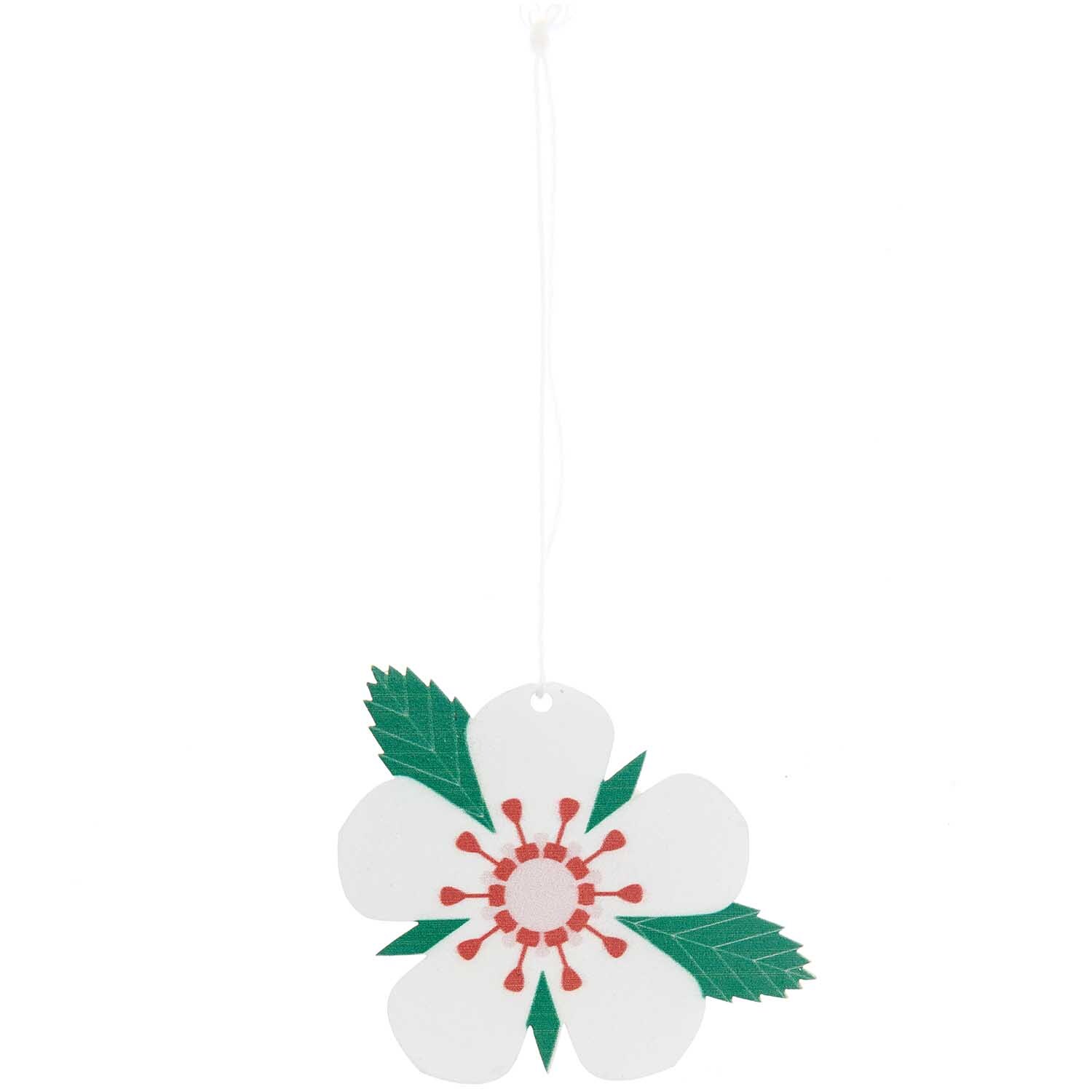Holz-Erdbeerblüte zum Hängen von Rico Design, weiße Blüte mit roten Details und grünen Blättern.