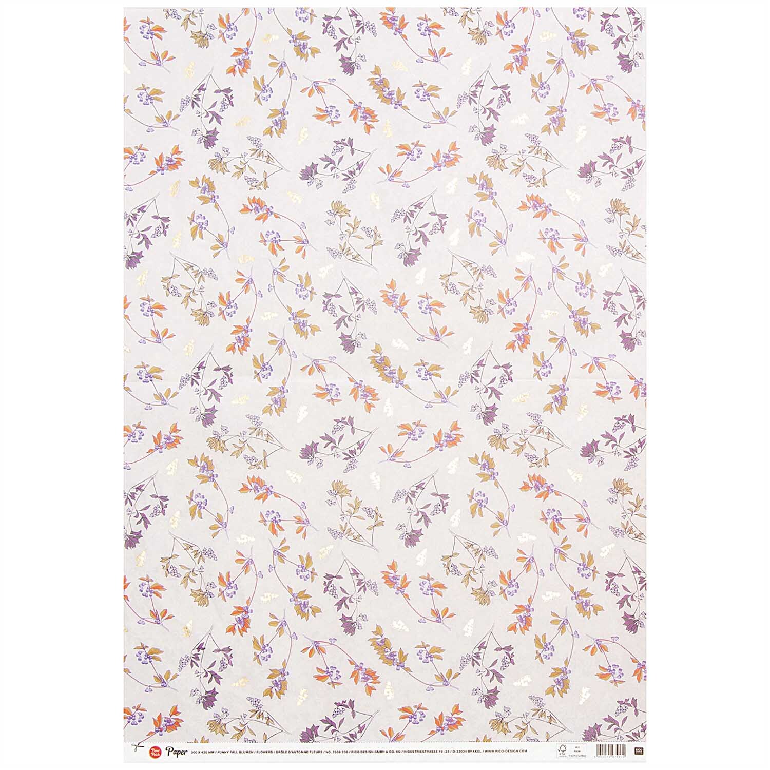 Paper Patch Papier Blumen lila-orange 30x42cm mit floralen Mustern in Rosa und Orange von Rico Design.
