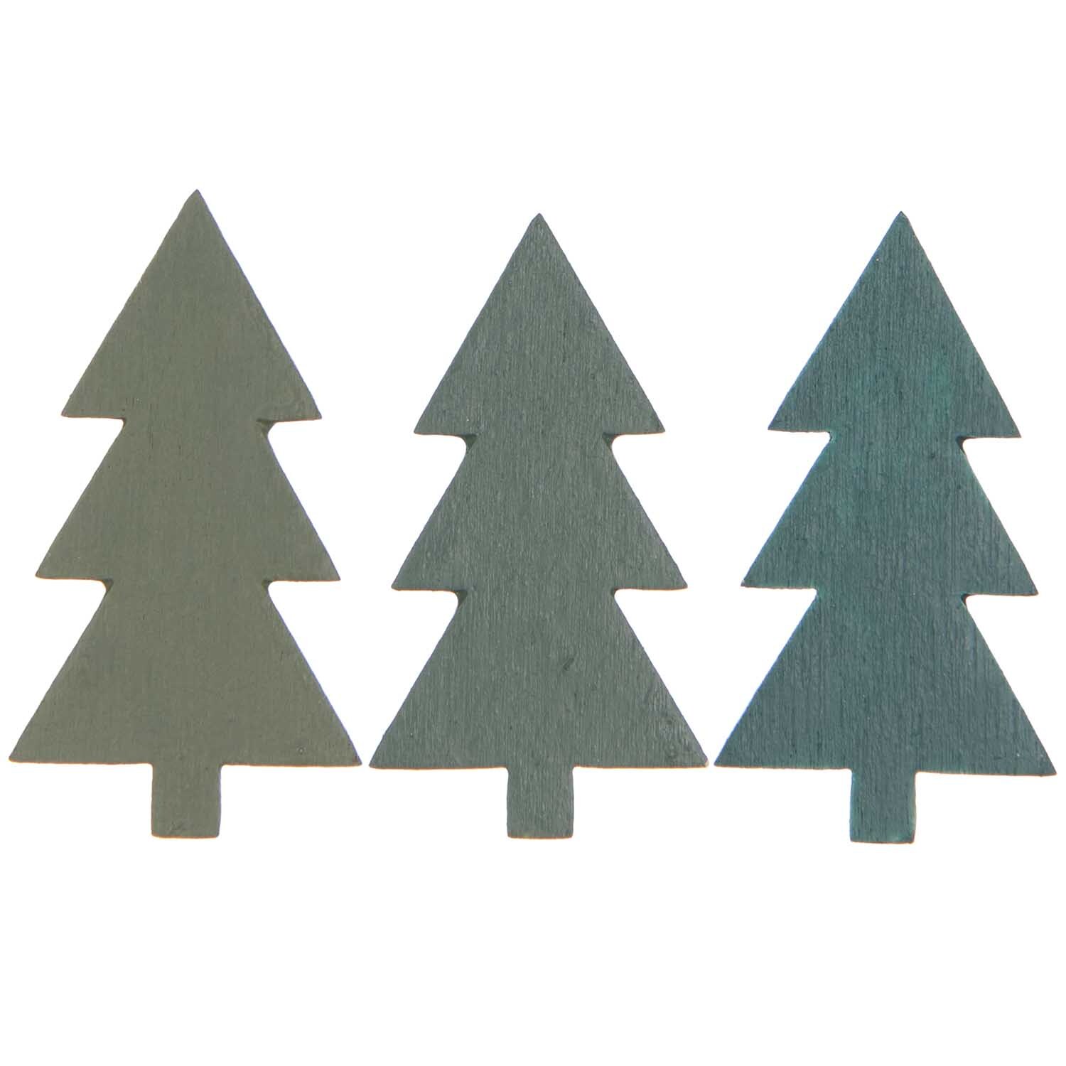 Holzstreu Tanne Grün 20x36mm: Drei grüne Tannenbaum-Dekorationen von Rico Design, ideal für Bastelprojekte.