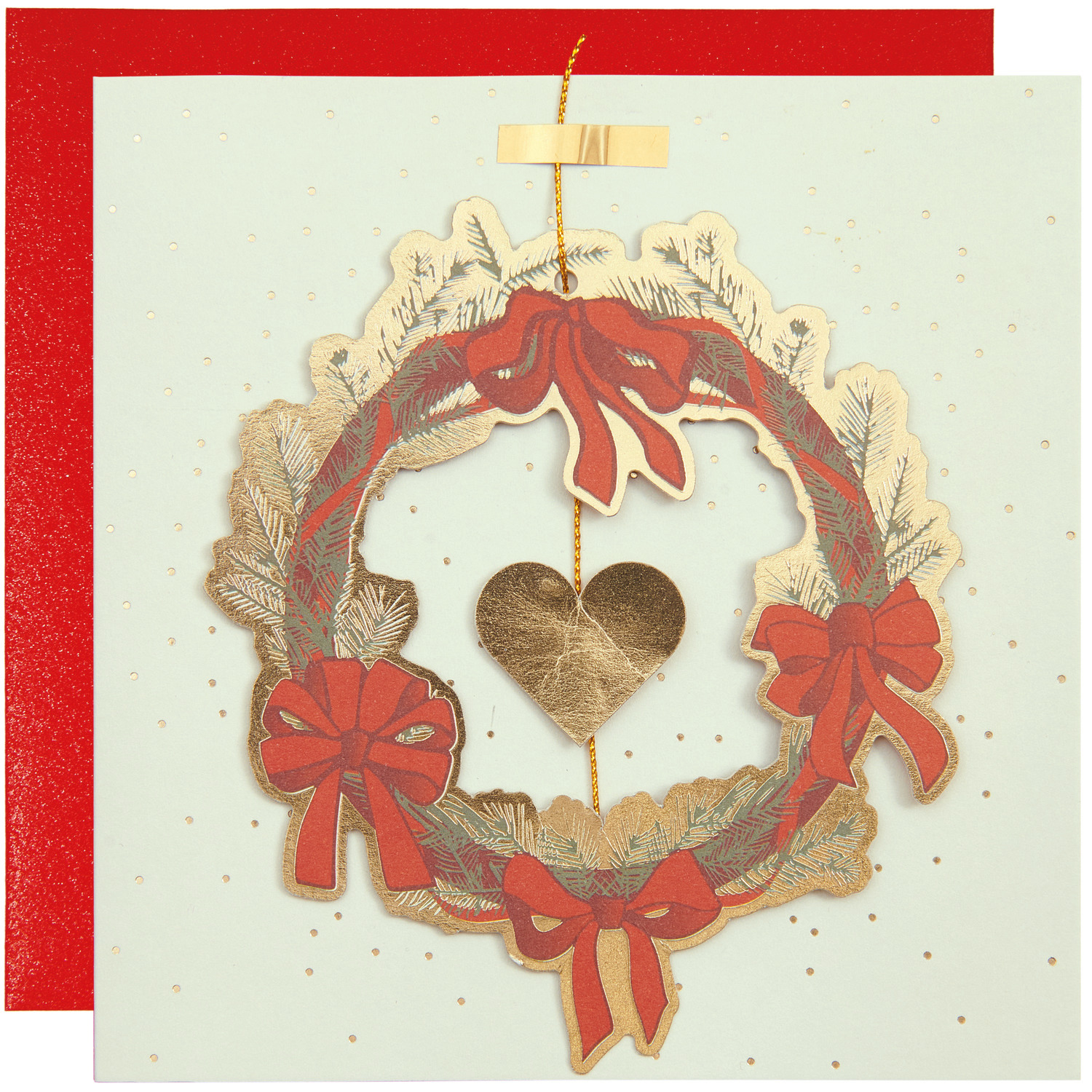 Paper Poetry Grußkarte mit Ornament Creme zeigt einen festlichen Kranz mit roten Schleifen.