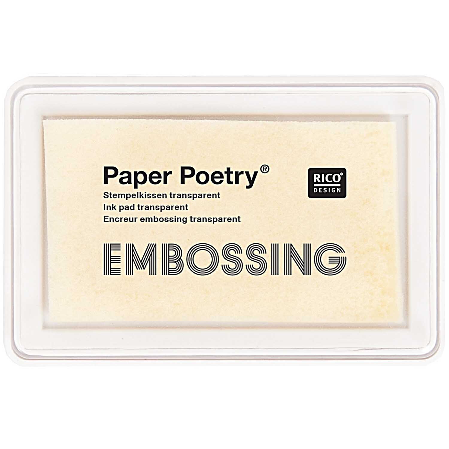 Paper Poetry Embossing Stempelkissen transparent von Rico Design in rechteckiger Form. Ideal für kreative Projekte und Bastelarbeiten.