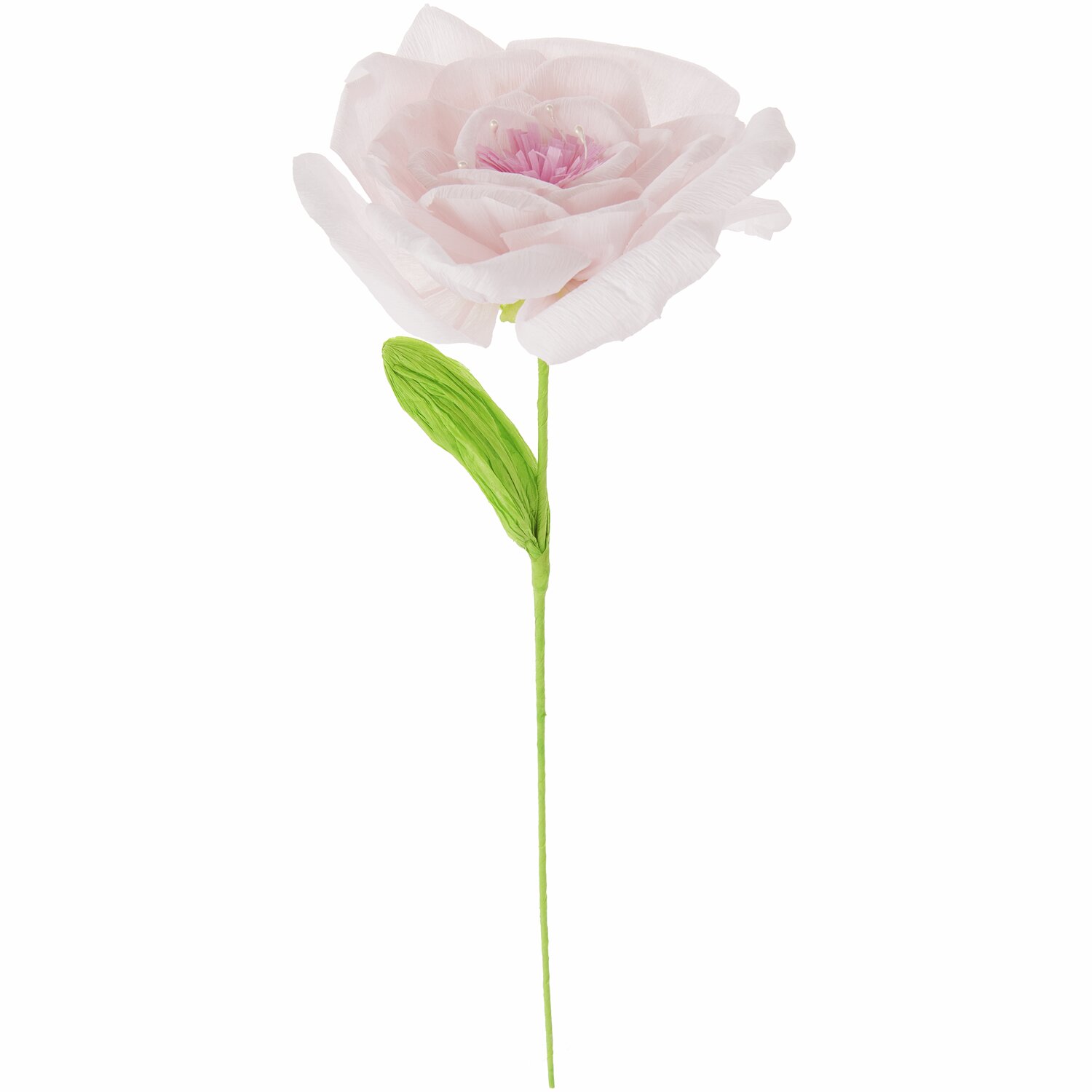 Papierblume Rose Rosé von Rico Design, zartes Rosé, 55x20cm, mit grünem Stiel und Blatt.
