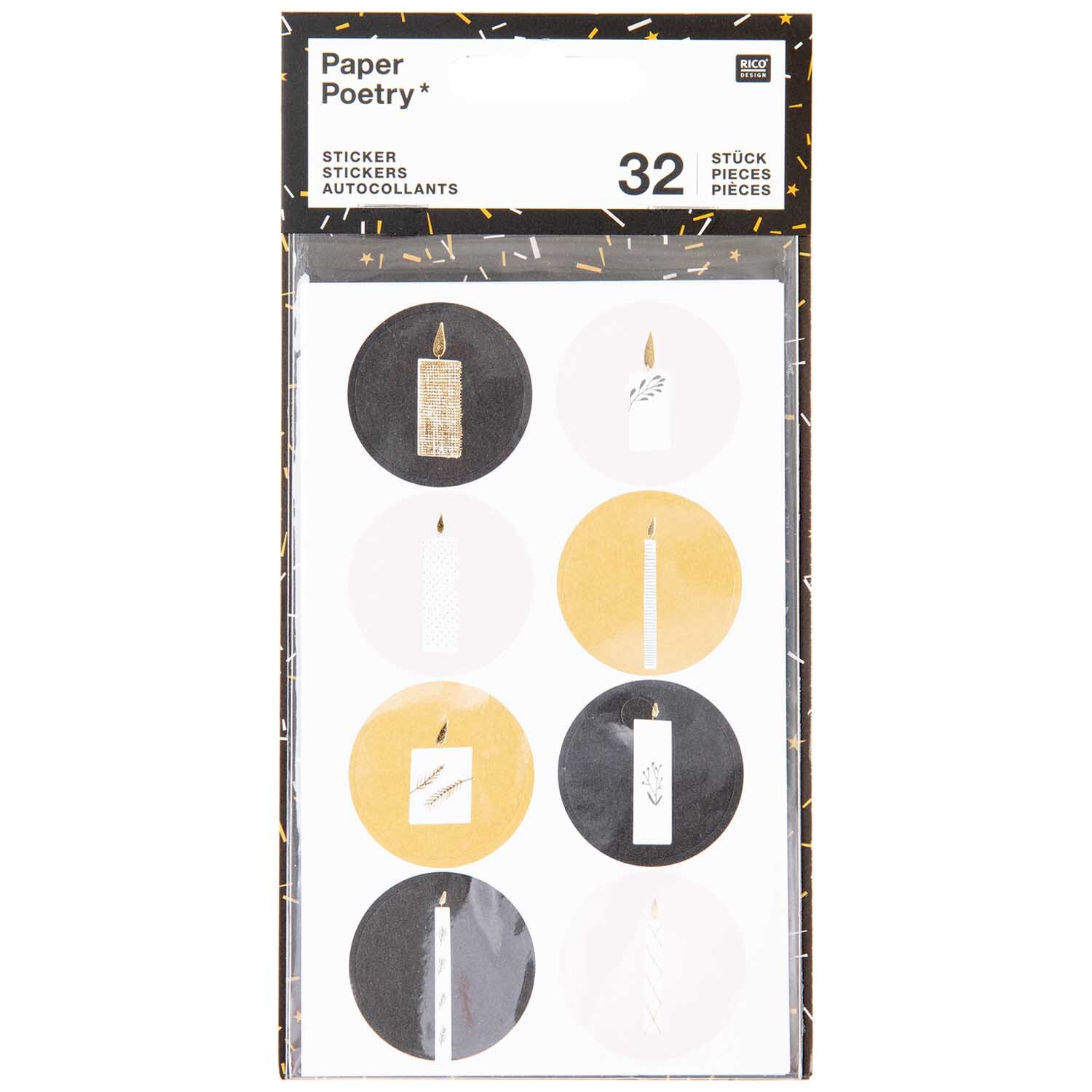 Paper Poetry Sticker Nostalgic Christmas schwarz 32 Stück von Rico Design Paper Poetry Sticker Nostalgic Christmas zeigt 32 mehrfarbige Kerzenmotive auf schwarzem Hintergrund. Ideal für festliche Dekorationen.