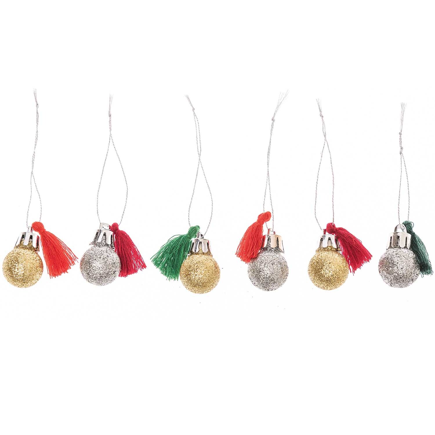 Mini-Kugel-Anhänger in Rot und Grün von Rico Design, sechs Stück mit glitzernden Oberflächen und Quasten. Ideal für festliche Dekorationen.