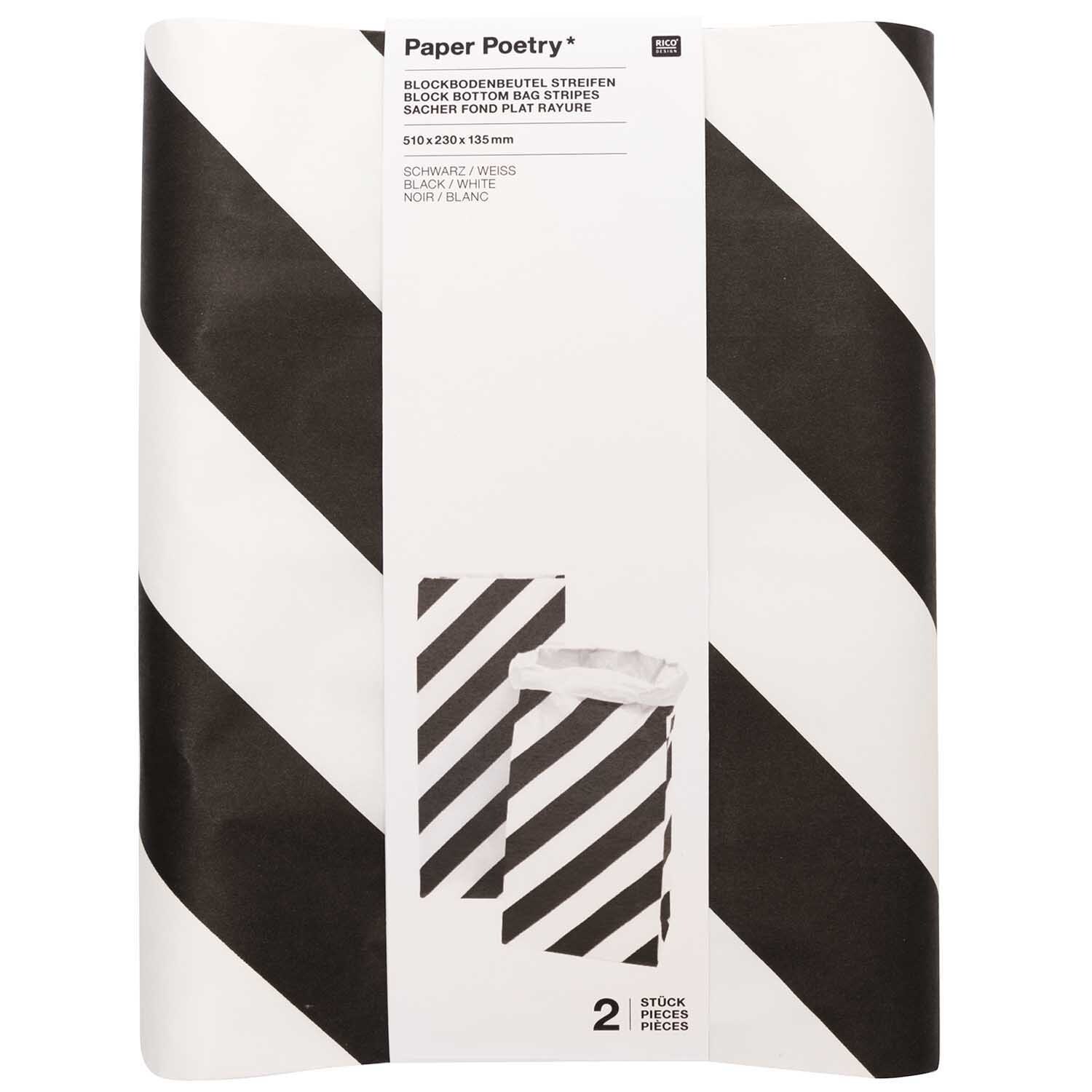 Paper Poetry Maxi-Blockbodenbeutel M Streifen 51x23x13,5cm 2 Stück Farbe Schwarz-Weiß von Rico Design Paper Poetry Maxi-Blockbodenbeutel M, schwarz-weiß gestreift, 51x23x13,5cm, 2 Stück. Ideal für stilvolle Verpackungen.
