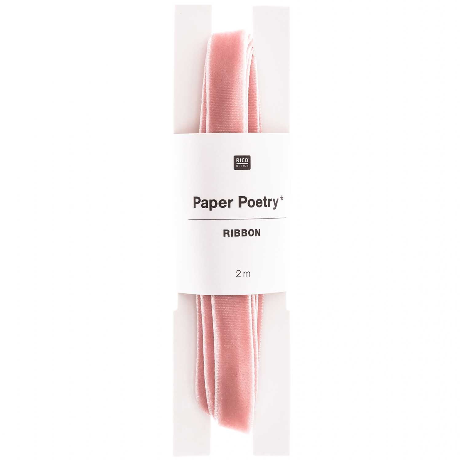 Paper Poetry Samtband 9mm 2m in zartem Rosa von Rico Design, aufgerollt und verpackt.