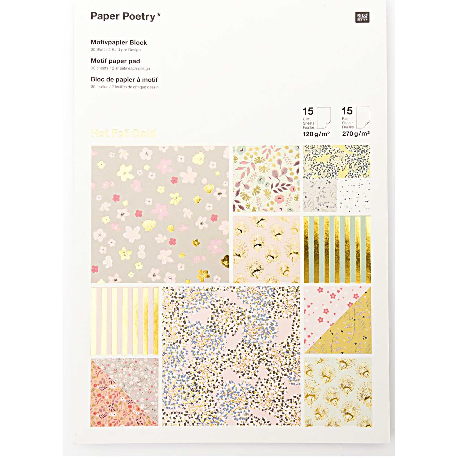 Paper Poetry Motivpapier Block Bouquet Sauvage zeigt bunte florale Muster auf 21x30cm Papier. Ideal für kreative Projekte.