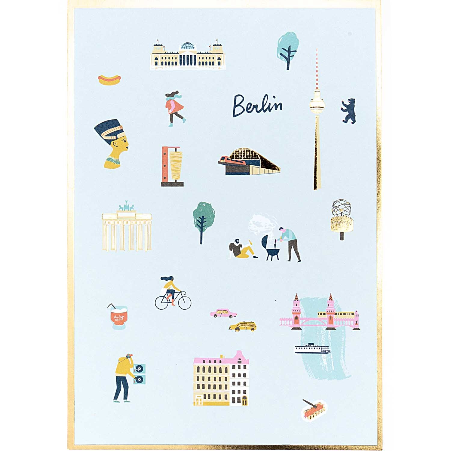 Paper Poetry Postkartenblock Travel the World 12 Stück mit Berliner Sehenswürdigkeiten und Symbolen auf hellblauem Hintergrund.
