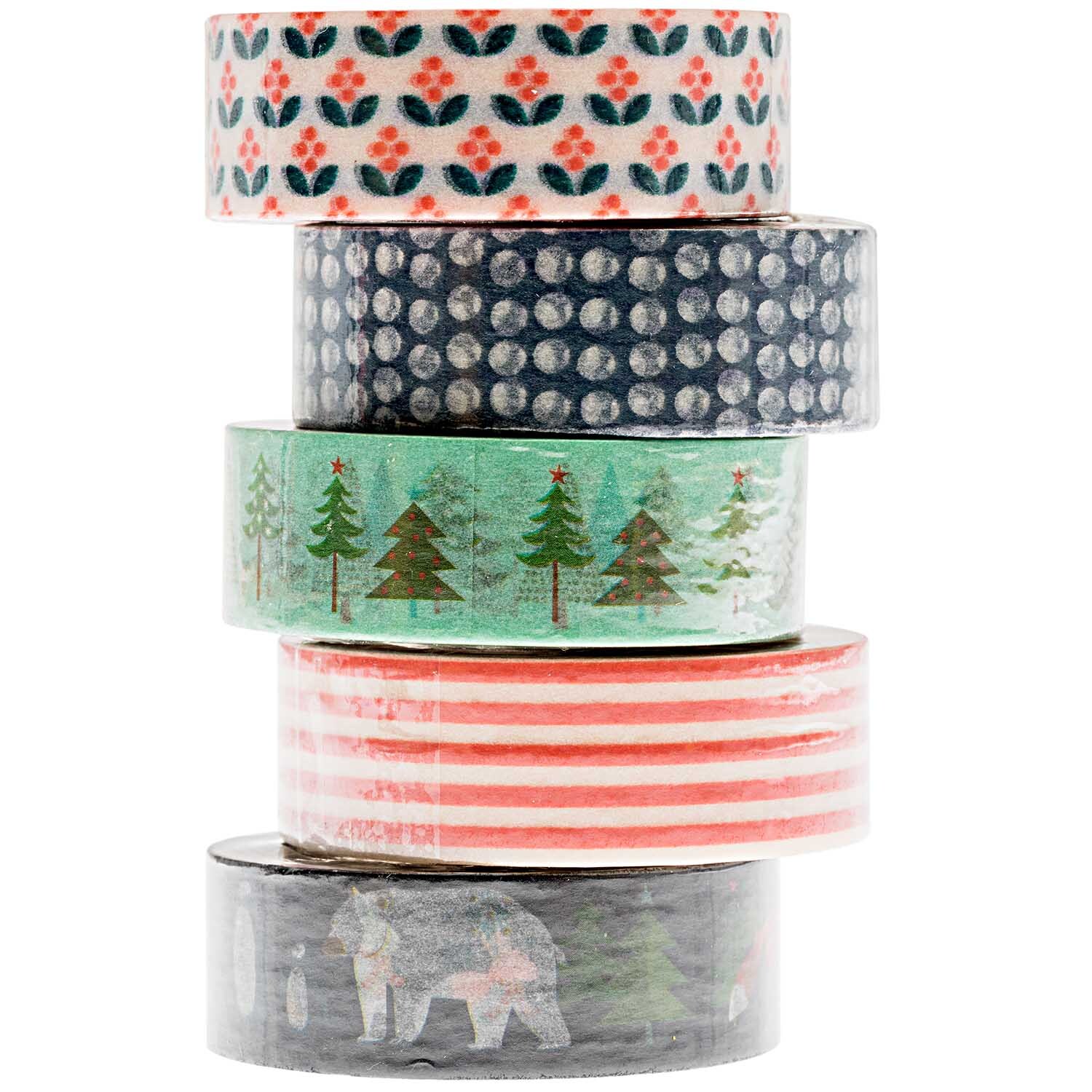 Paper Poetry Tape Set Winterwald mit fünf dekorativen Klebebändern in Blau und Rot, ideal für kreative Projekte.