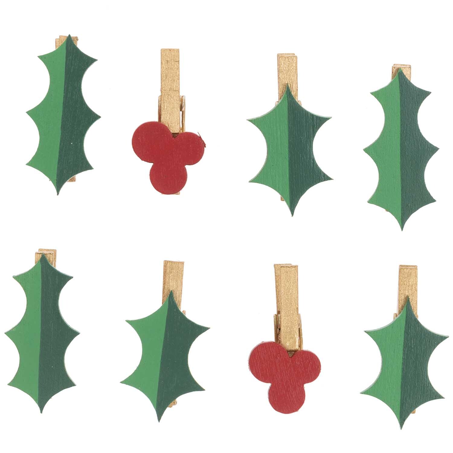 Dekoklammern Ilex in grün und rot von Rico Design, 3 cm, 8 Stück. Ideal für festliche Dekorationen.