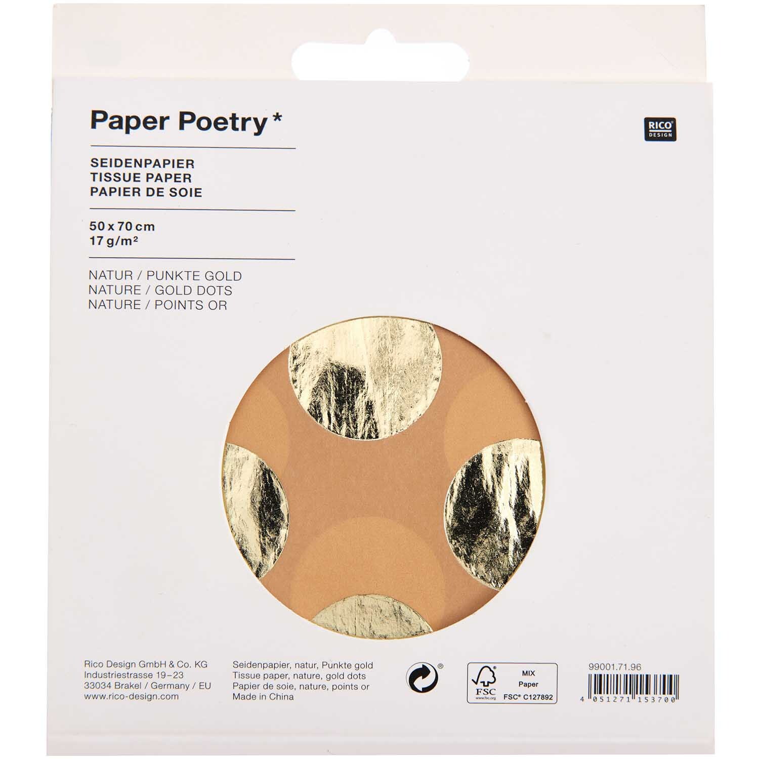 Paper Poetry Seidenpapier natur Punkte gold 4 Bogen Hot Foil 50x70cm von Rico Design Paper Poetry Seidenpapier mit goldenen Punkten auf braunem Hintergrund, 70x50cm, 4 Bögen.