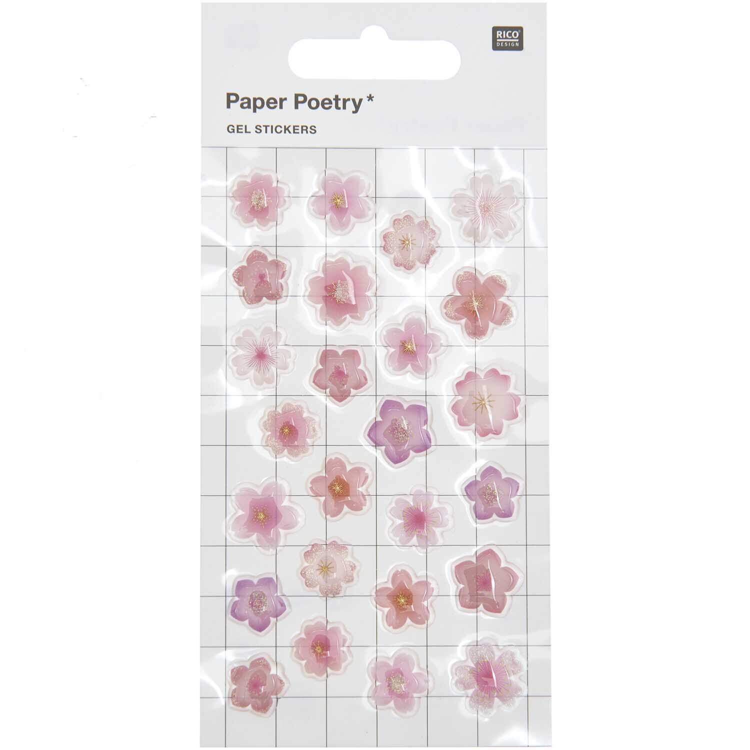 Gelsticker Kirschblüten von Rico Design: 25 zarte, rosa Blütensticker auf einem Rasterhintergrund. Ideal für kreative Projekte.