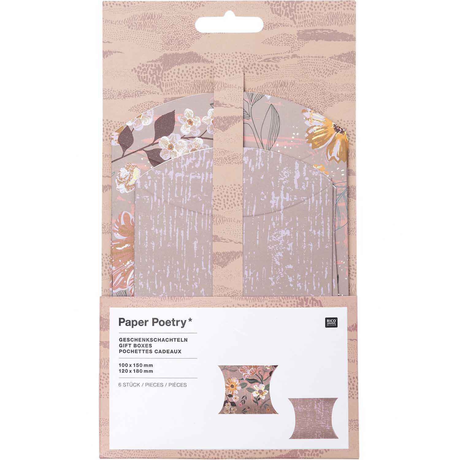Paper Poetry Geschenkschachteln Blumen 6 Stück von Rico Design zeigen florale Muster auf zarten Geschenkboxen, ideal für stilvolle Verpackungen.