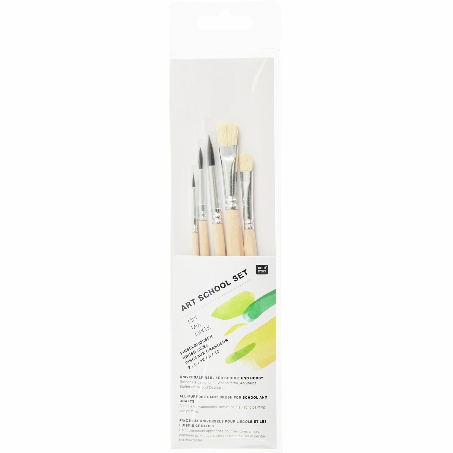 Pinsel Art School Set Mix 5teilig: Fünf Pinsel mit Holzgriffen, ideal für kreative Malprojekte.