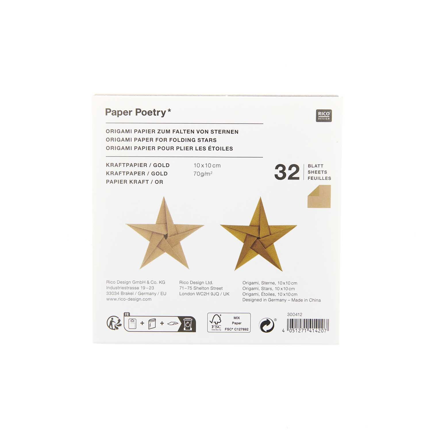 Paper Poetry Bascetta Origamipapier Gold, 32 Blatt, ideal zum Falten von Sternen, in edlem Goldton, von Rico Design.