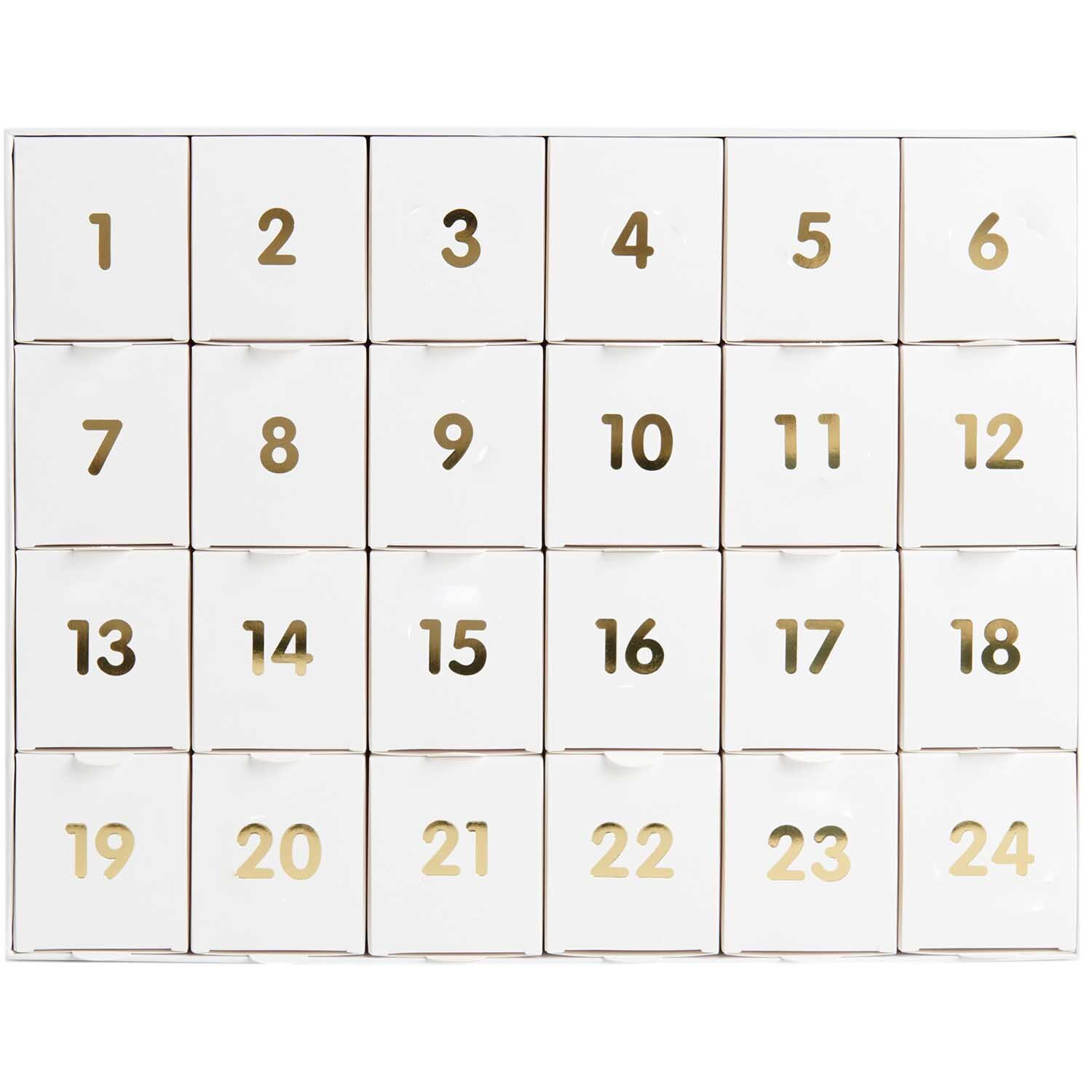 Adventskalender zum Befüllen mit 24 nummerierten Fächern in elegantem Weiß-Gold von Rico Design.