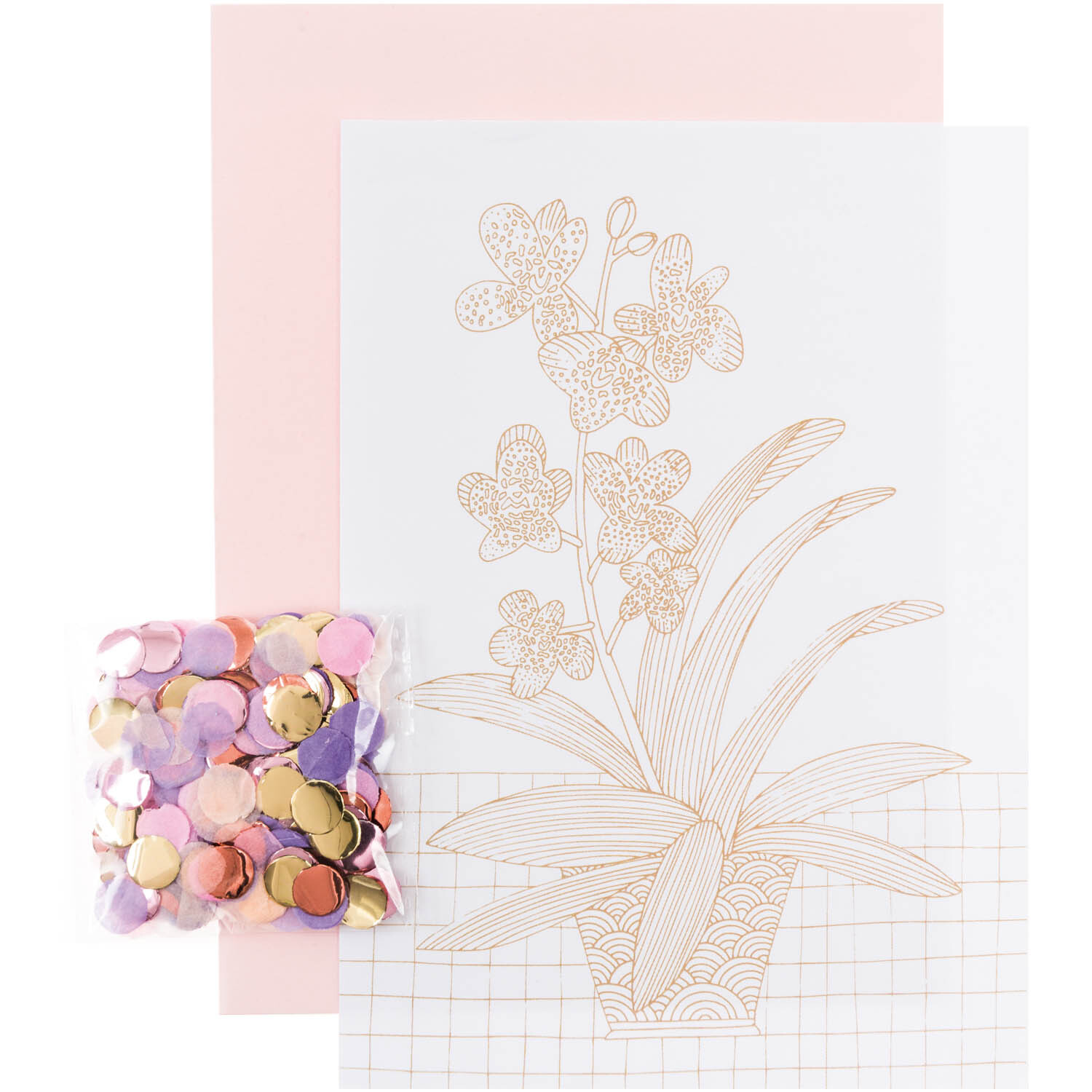 Paper Poetry Grußkartenset Hygge Orchidee zeigt eine zarte Orchidee auf weißem Hintergrund mit bunten Konfetti. Ideal für kreative Grüße.