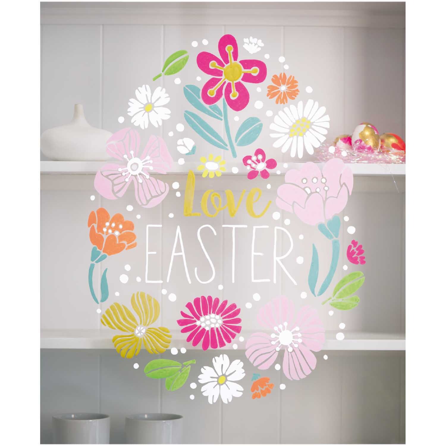 Kreidestift Flüssigkreide 3mm Farbe Elfenbein von Rico Design Kreidestift Flüssigkreide 3mm: Bunte Osterdekoration mit Blumen und Schriftzug "Love Easter" auf Glas. Ideal für kreative Designs.