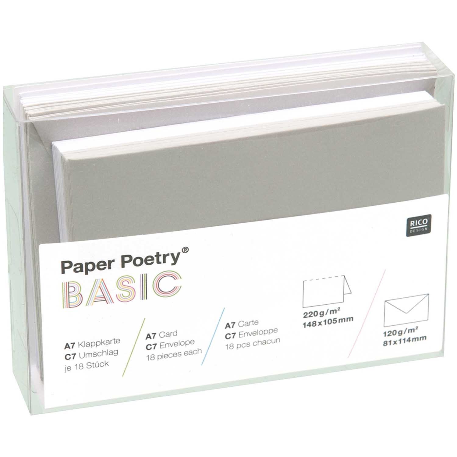 Paper Poetry Kartenset Basic weiß-grau C7, 36-teilig, von Rico Design, zeigt Karten und Umschläge in einer transparenten Box.