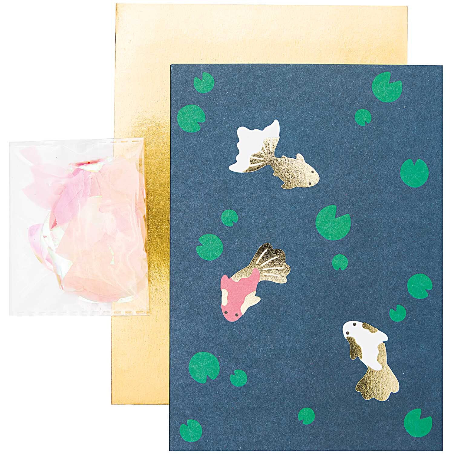 Paper Poetry Grußkartenset Jardin Japonais Kois mit Koi-Motiven und Seerosen auf blauem Hintergrund von Rico Design.