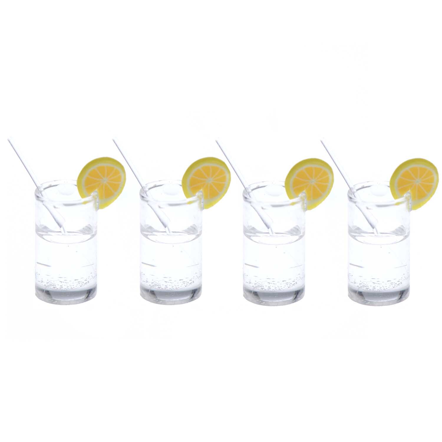 Miniatur Gin Tonic 4 Stück von Rico Design: Vier klare Gläser mit Zitronenscheiben und Strohhalmen.