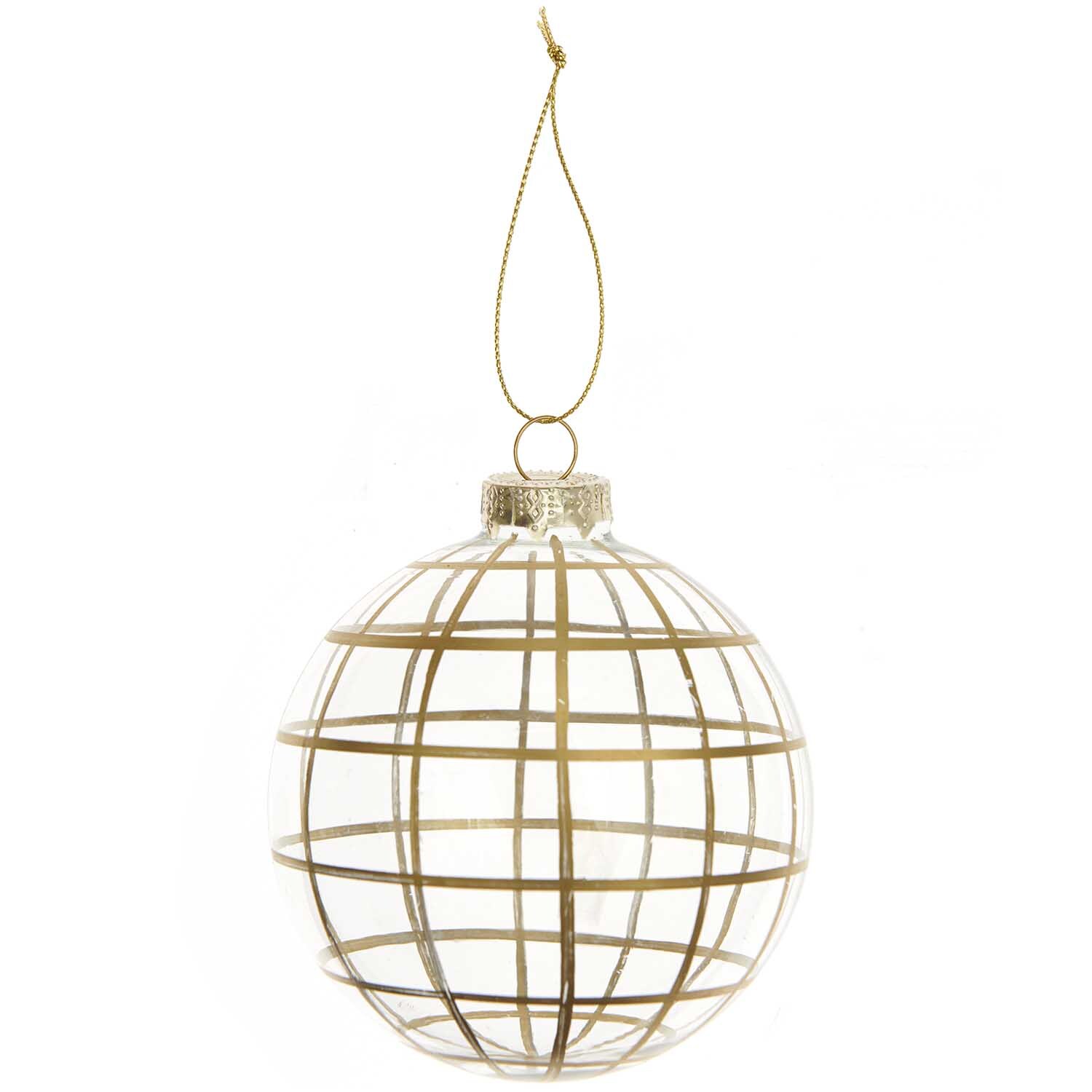 Glaskugel Baumschmuck grafisch gold Ø 8cm von Rico Design zeigt ein elegantes, goldenes Gittermuster.