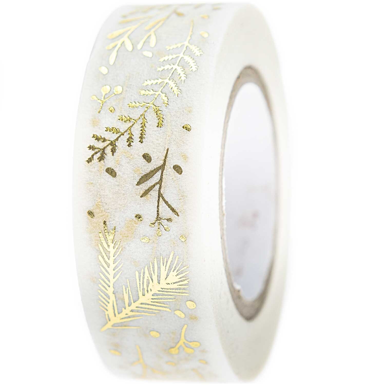 Paper Poetry Tape Nostalgic Christmas mit goldenen Zweigen auf weißem Hintergrund, 1,5 cm breit, 10 m lang. Ideal für festliche Dekorationen.