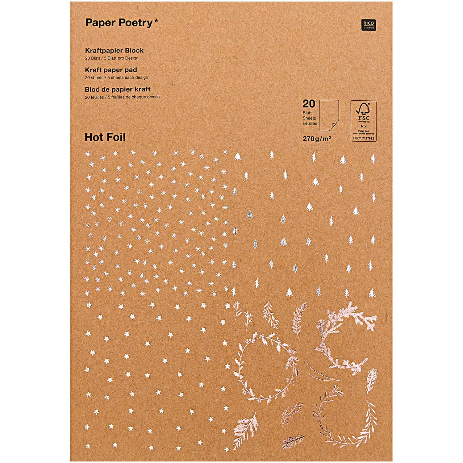 Paper Poetry Kraftpapier Block X-Mas mit Hot Foil, 20 Blatt, 270g/m², zeigt festliche Muster.