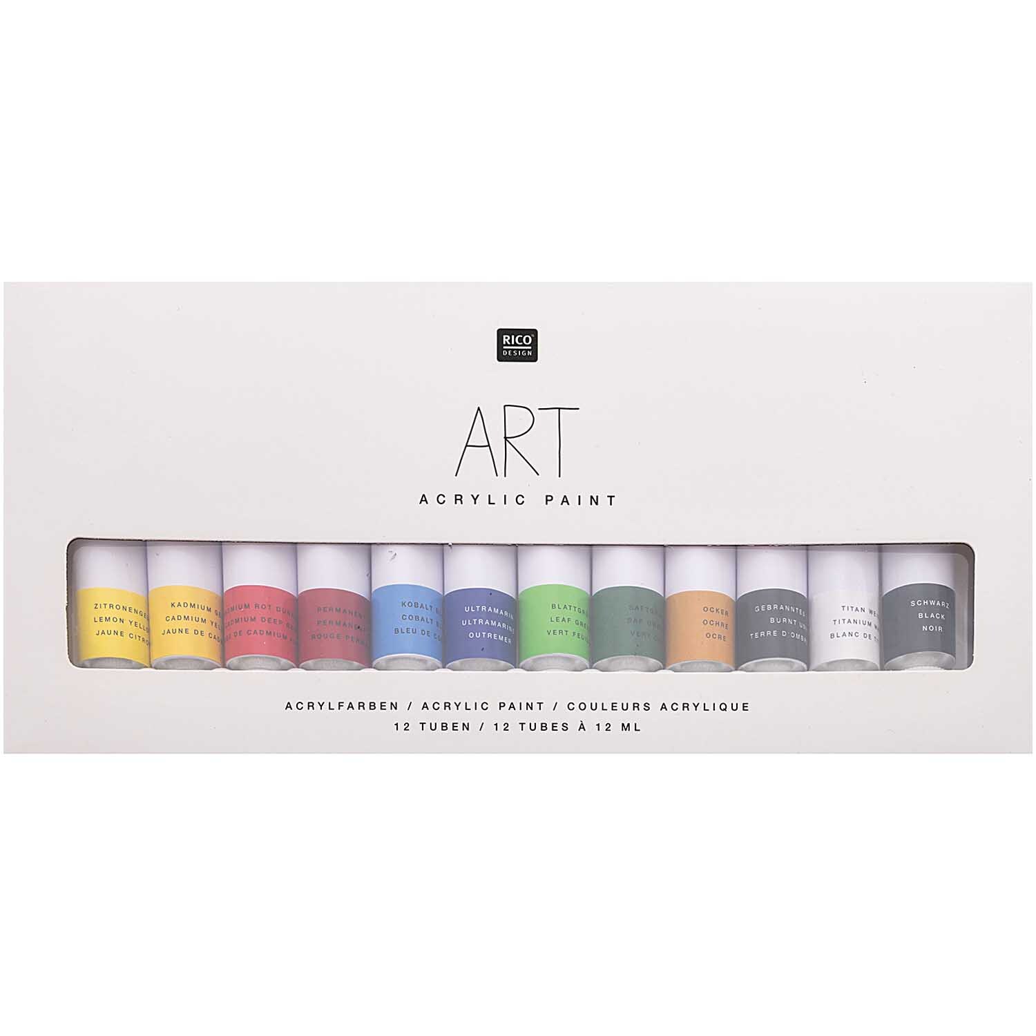ART Künstler Acrylfarben-Set Basic 12x12ml von Rico Design ART Künstler Acrylfarben-Set Basic 12x12ml zeigt zwölf bunte Farbtuben in einer weißen Verpackung.